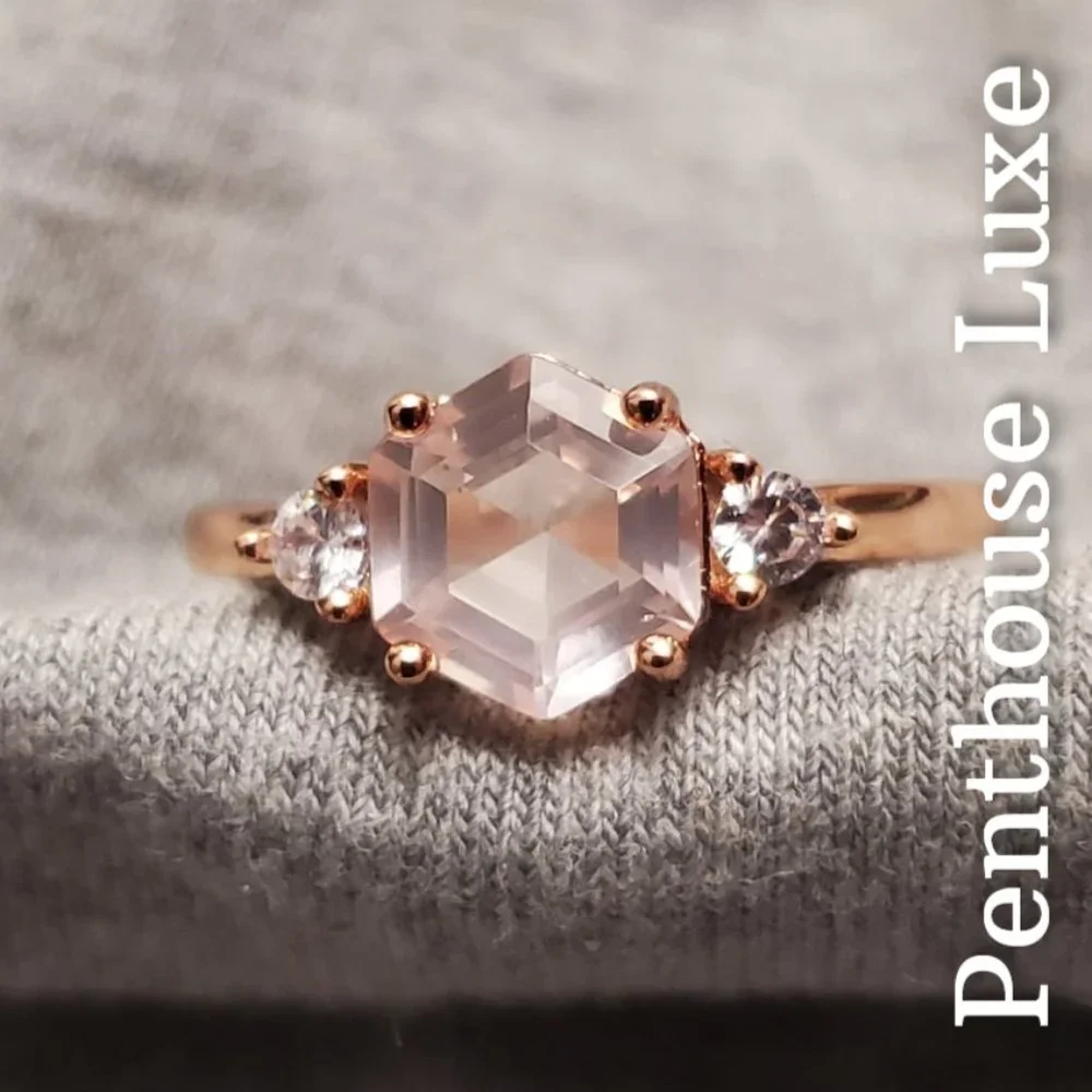 REAL Rose Quartz Hexagon Rose Gold 925 Ring